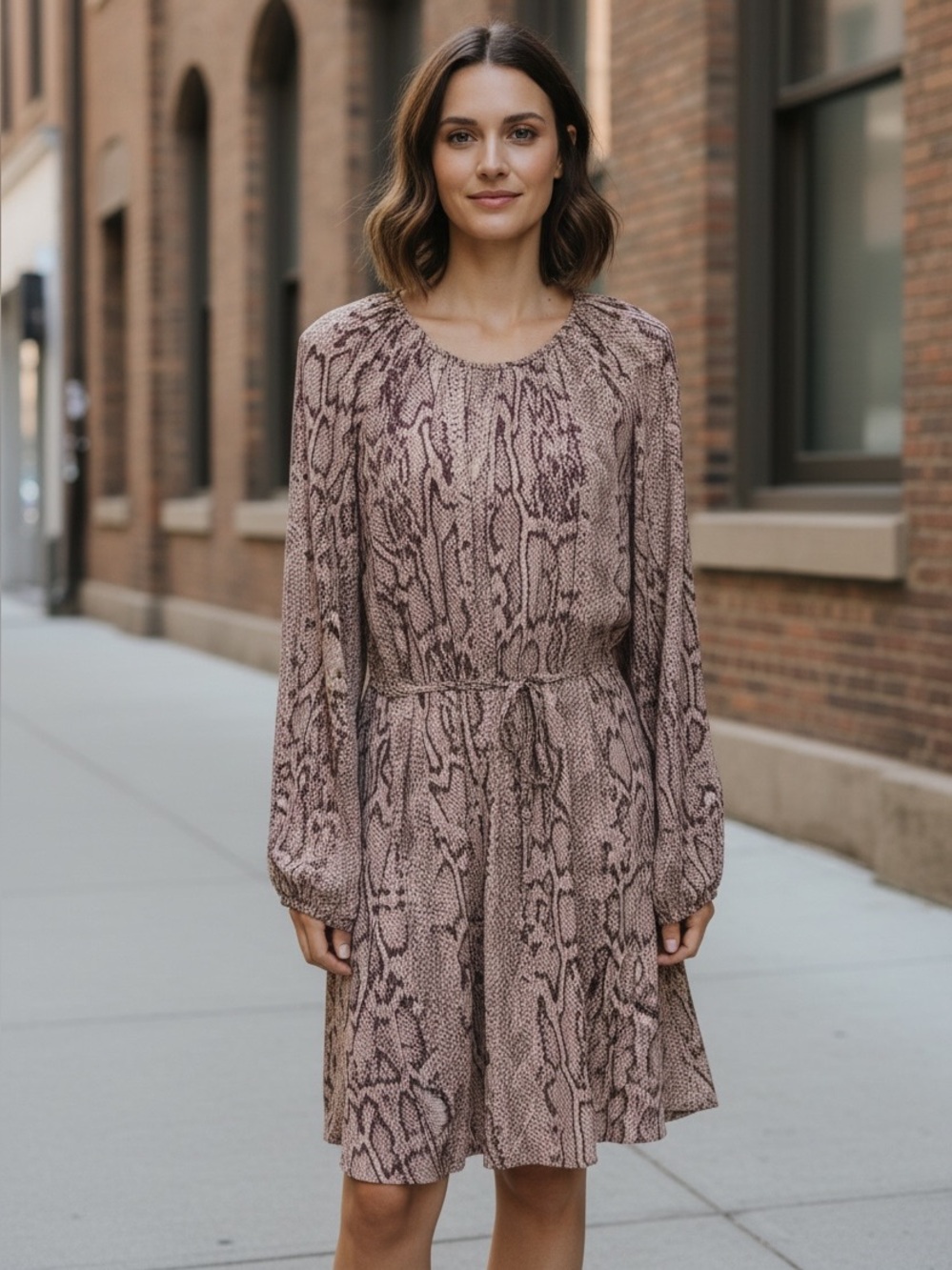 GB Gianni Bini Snake Print Long-Sleeve Tie-Waist Dress NWT